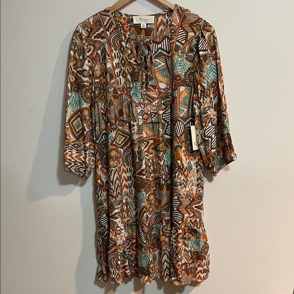 Nurture Dresses & Skirts - Nurture Turquoise & Brown Patterned Tie-Neck Women’s Dress SZ PL